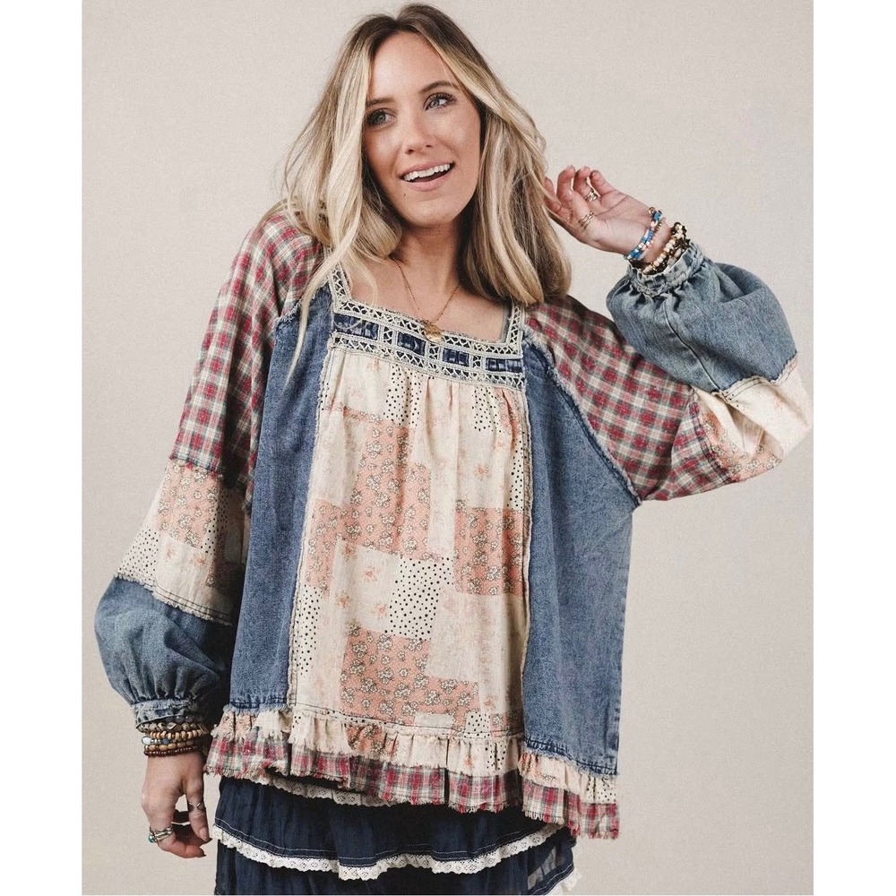 POL Whimsical Patchwork Parade Top Collage of Floral Prints, Denim,‎ Eyelet Lace